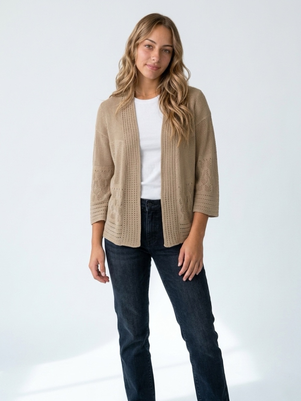 Sweater Works Women's Beige Crochet Shrug Cardigan M 3/4 Sleeve Casual Sweater